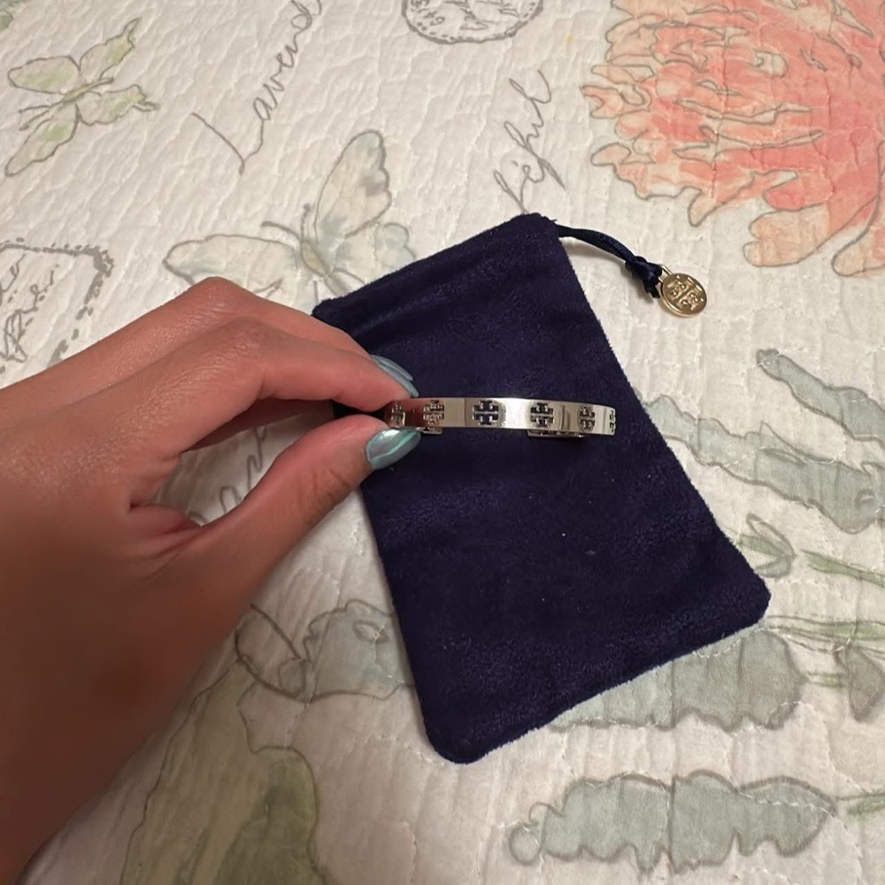Tory Burch Logo Cut Out Silver Cuff Bracelet